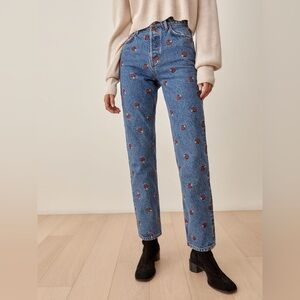 Reformation Mushroom Embroidered High Rise Straight Jeans 24x28